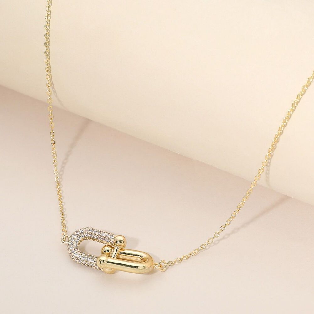 Gold Industrial Chain Link CZ Pendant Necklace Casual Metal Jewelry